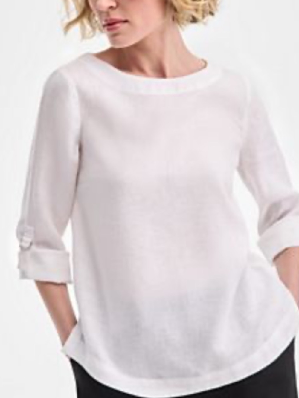 New 100% Linen Charter Club luxury White Round Neck Roll-Sleeve Blouse Size S - Picture 6 of 10